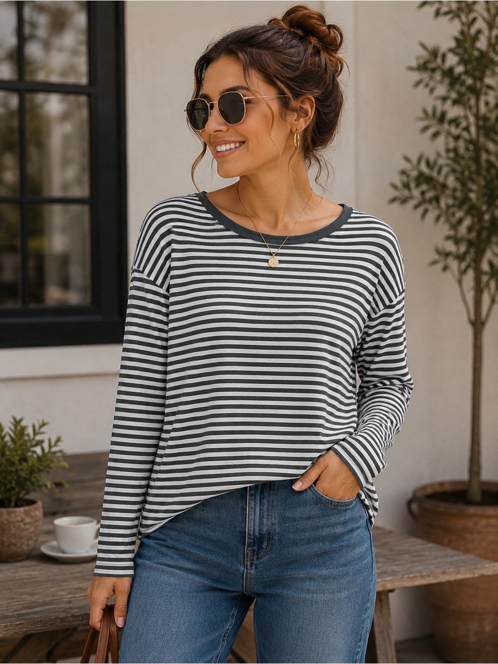 LOFT Green & White Striped Long-Sleeve Tee